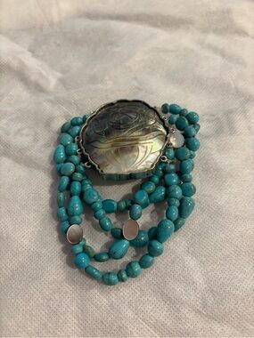 Chico's Turquoise Beaded Multi-Strand Bracelet with Mother-of-Pearl Medallion